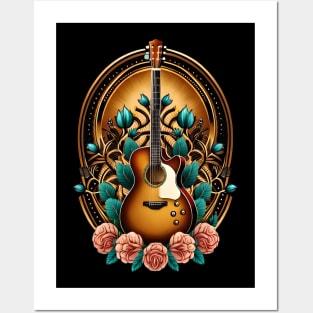 Electroacustic guitar tattoo style with flowers 16 Posters and Art